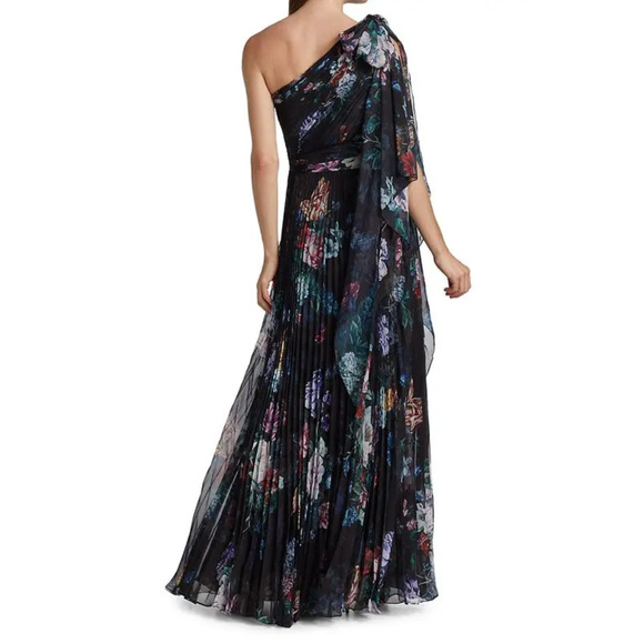 Marchesa One-Shoulder Gown Pleated Floral Chiffon Black Dress Side Slit Sz 6 - Picture 4 of 11
